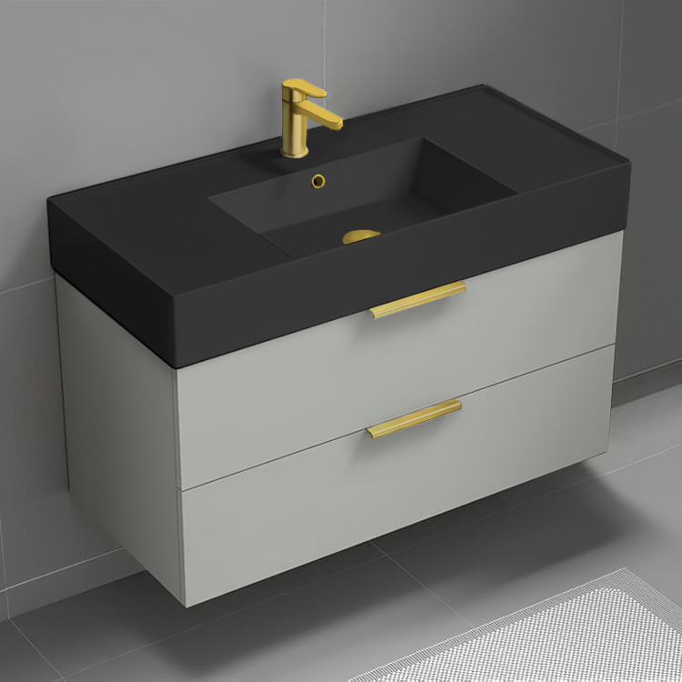 Nameeks DERIN203 40 Inch Bathroom Vanity With Black Sink, Wall Mounted, Grey Mist